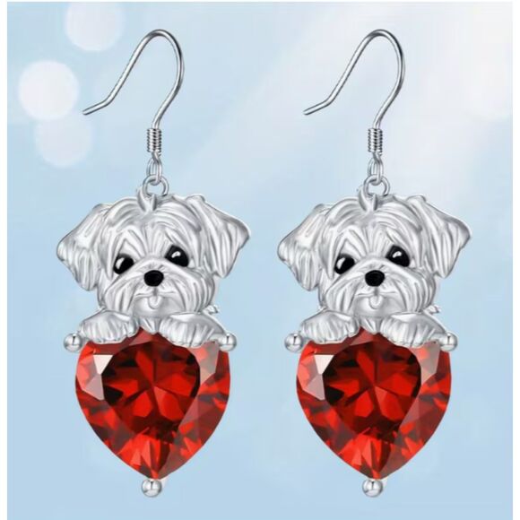 Puppy Dog on Red Rhinestone Heart Earrings Love Valentines Dogs - Picture 1 of 5
